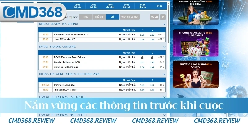 Nắm vững các thông tin trước khi cược